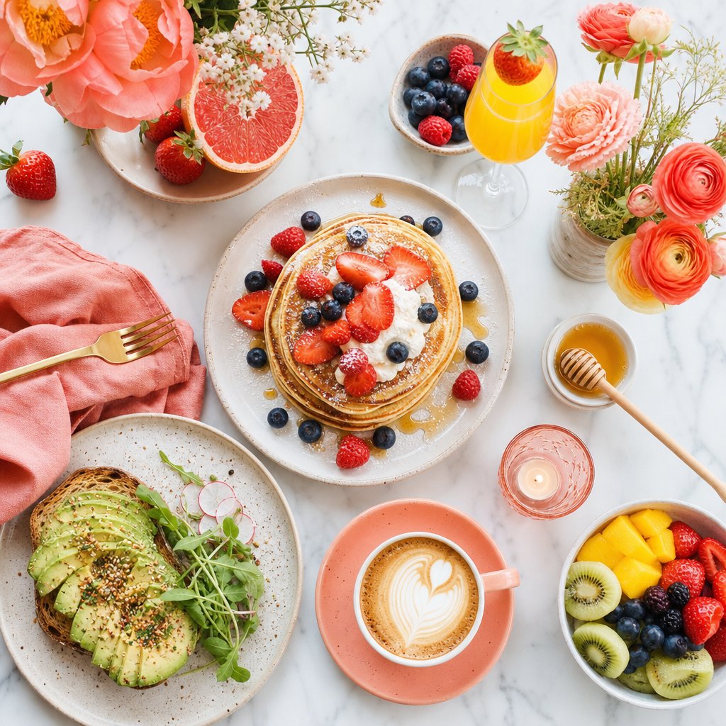 An overhead brunch spread of pancakes, avocado toast, mimosa and coffee